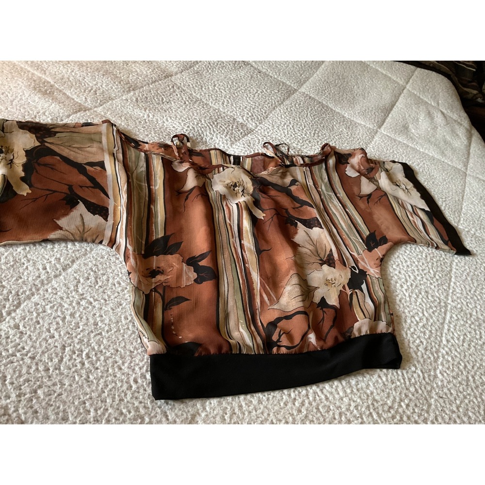 Idivoโ Cold Shoulder Blouse Womens Medium Brown Excellent Batwing Floral Striped